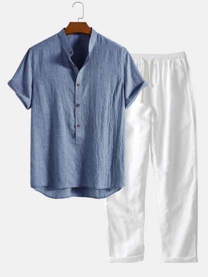 Short Sleeve Half Button Fly Henley Collar Shirt & Straight Leg Linen 