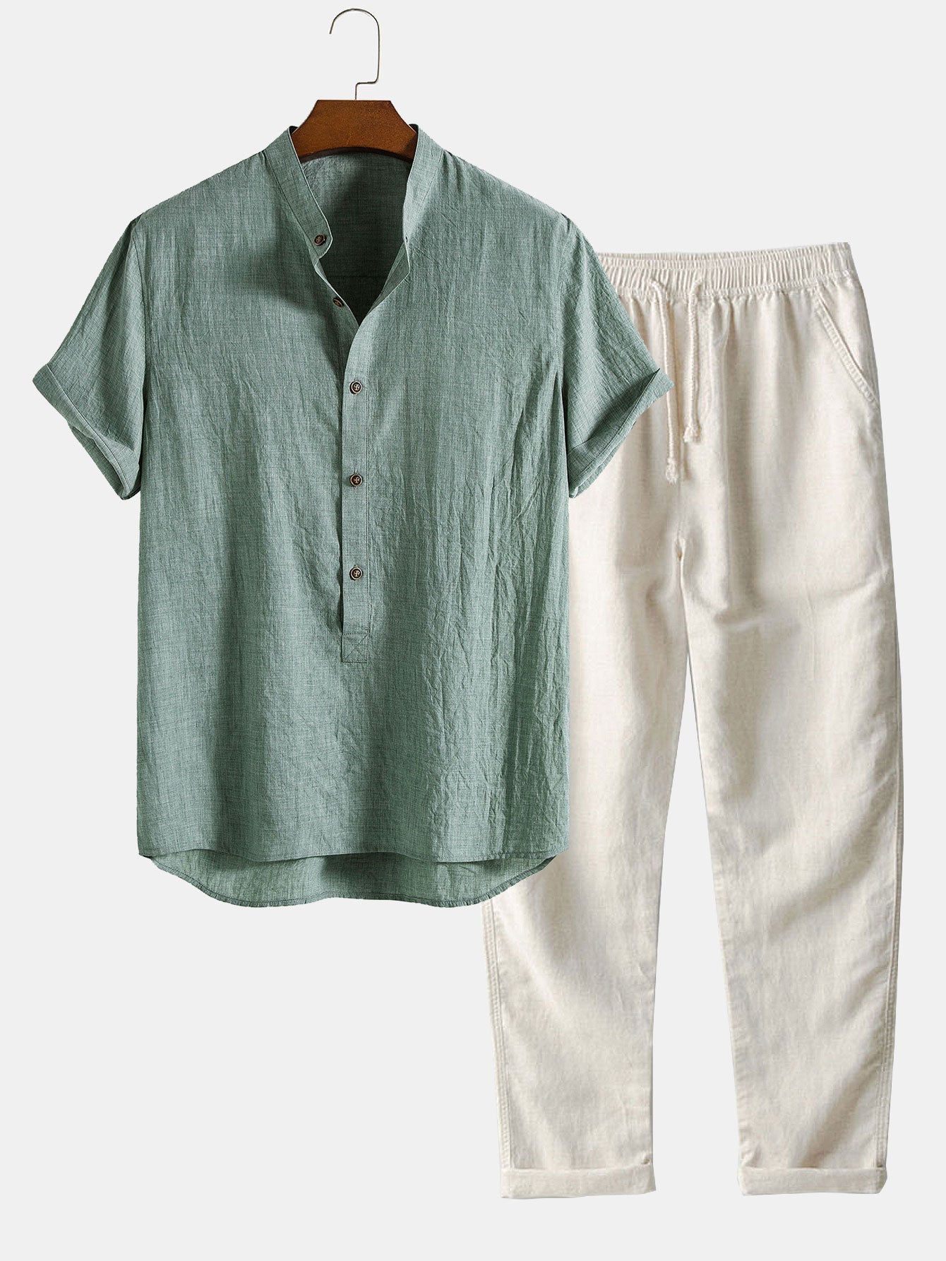 Short Sleeve Half Button Fly Henley Collar Shirt & Straight Leg Linen Pants