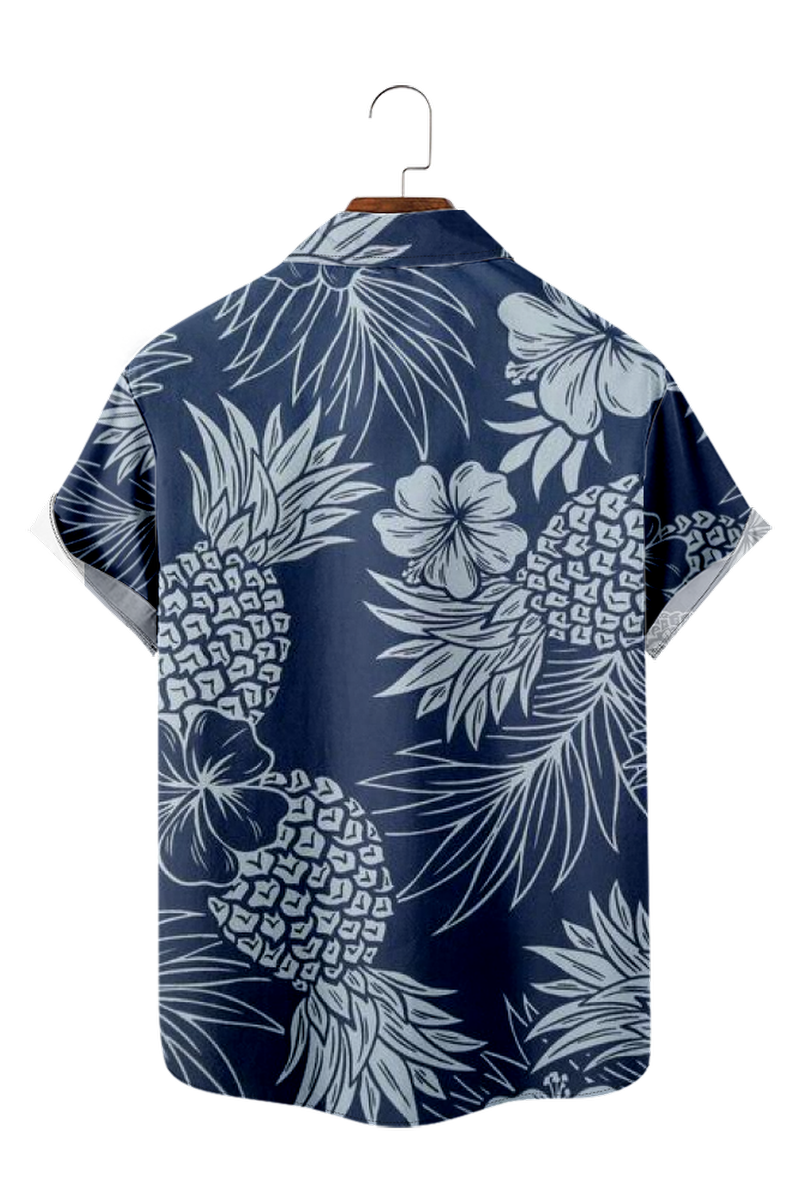 Tydres Men's Navy Blue Palm Leaves Pineapple Shirts Short Sleeve Hawaiian Shirts-Tydres