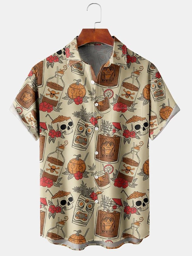 Men's Retro Drink TIKI Skull Print Casual Breathable Hawaiian Short Sleeve Shirt-Tydres