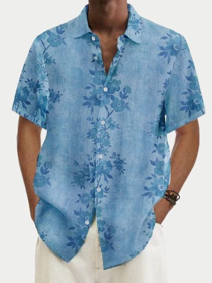 Men's Tropical Floral Print Short Sleeve Cotton Linen Shirt-Tydres