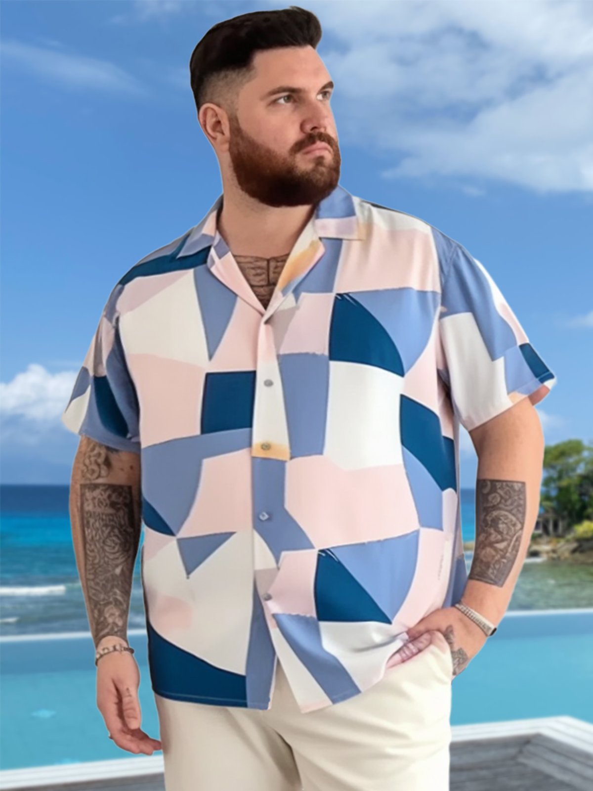 Big & Tall Geometric Art Color Block Quick Drying Men's Shirts