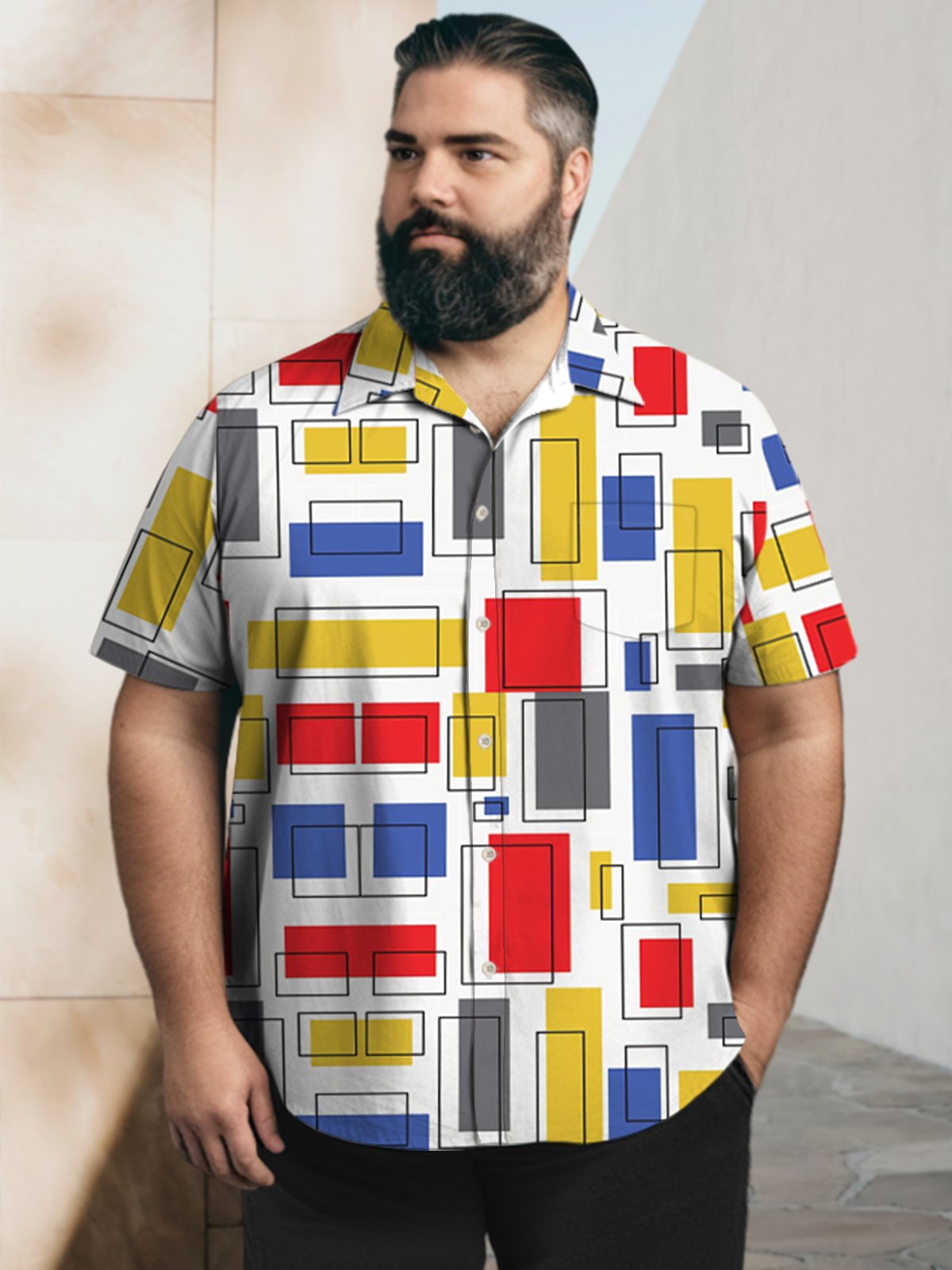 Big & Tall Retro Geometric Color Block Men's Shirts