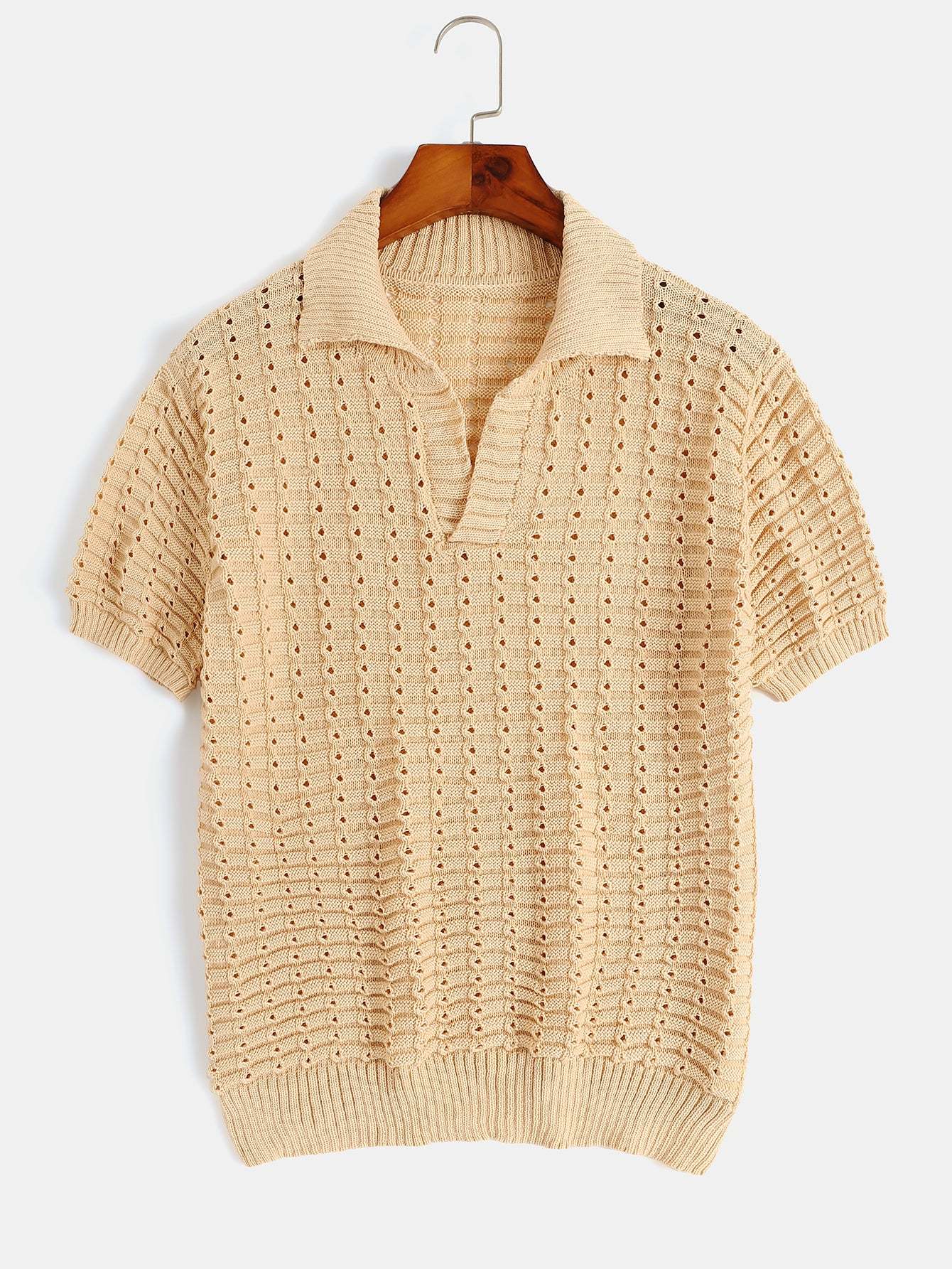 Men Knitted Sweater Polo Short Sleeve Textured Openwork Shirt Tydres