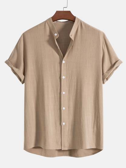 Linen And Rayon Blend Stand Collar Shirt & Linen Cotton Blend 11" Shorts