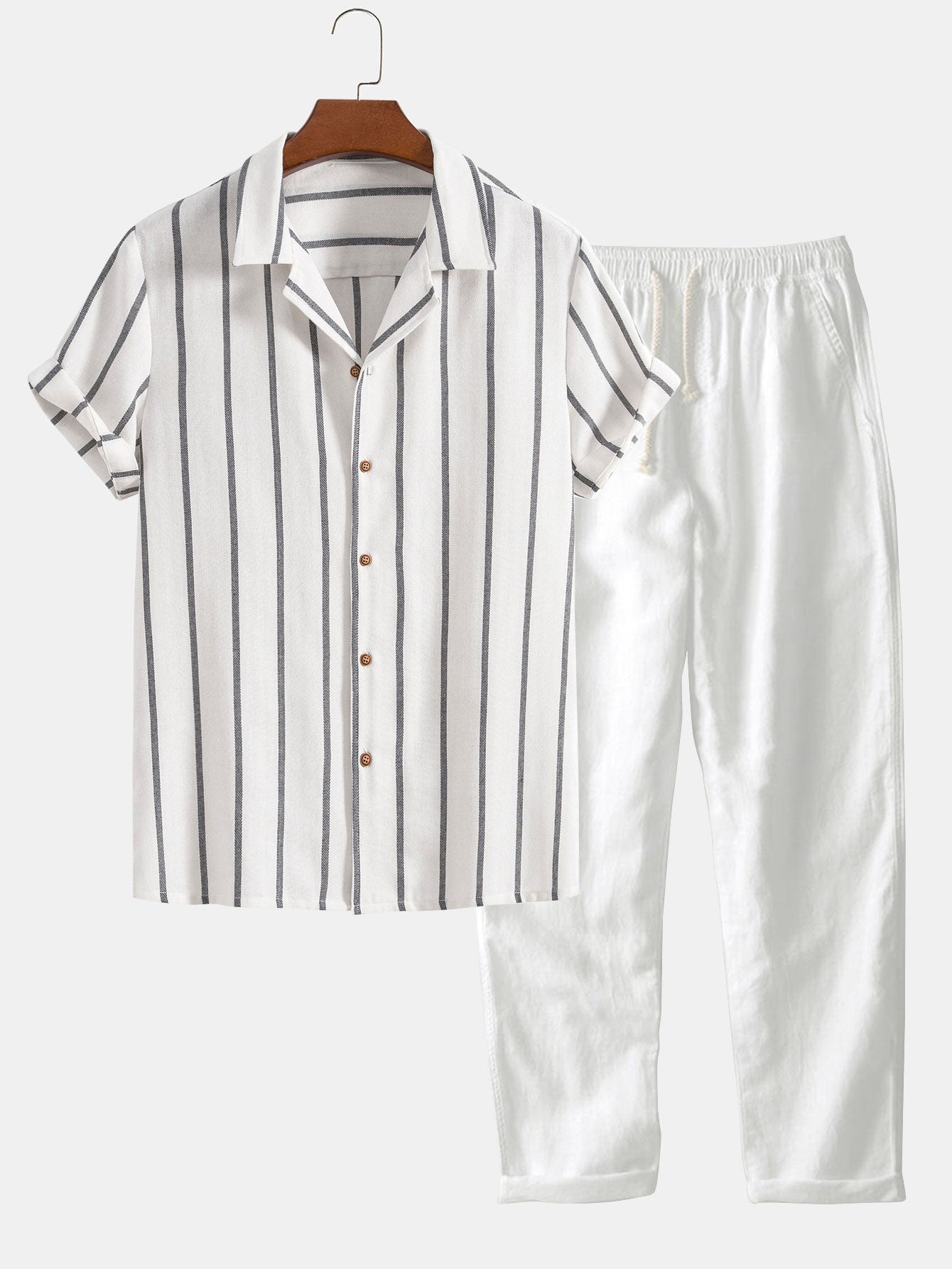 Cotton Blend Striped Cuban Shirt & Straight Leg Linen Pants