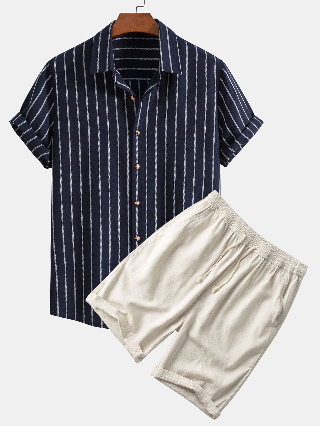 Cotton Blend Striped Button Up Shirt & Linen Cotton Blend 11" Shorts