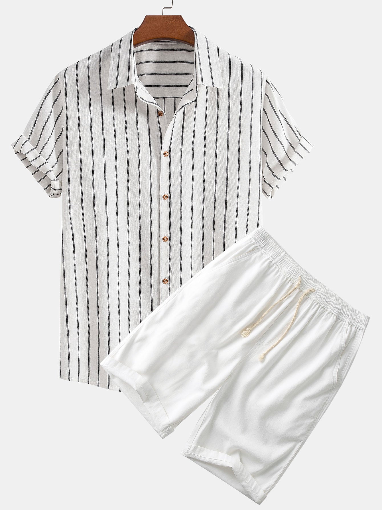 Cotton Blend Striped Button Up Shirt & Linen Cotton Blend 11" Shorts