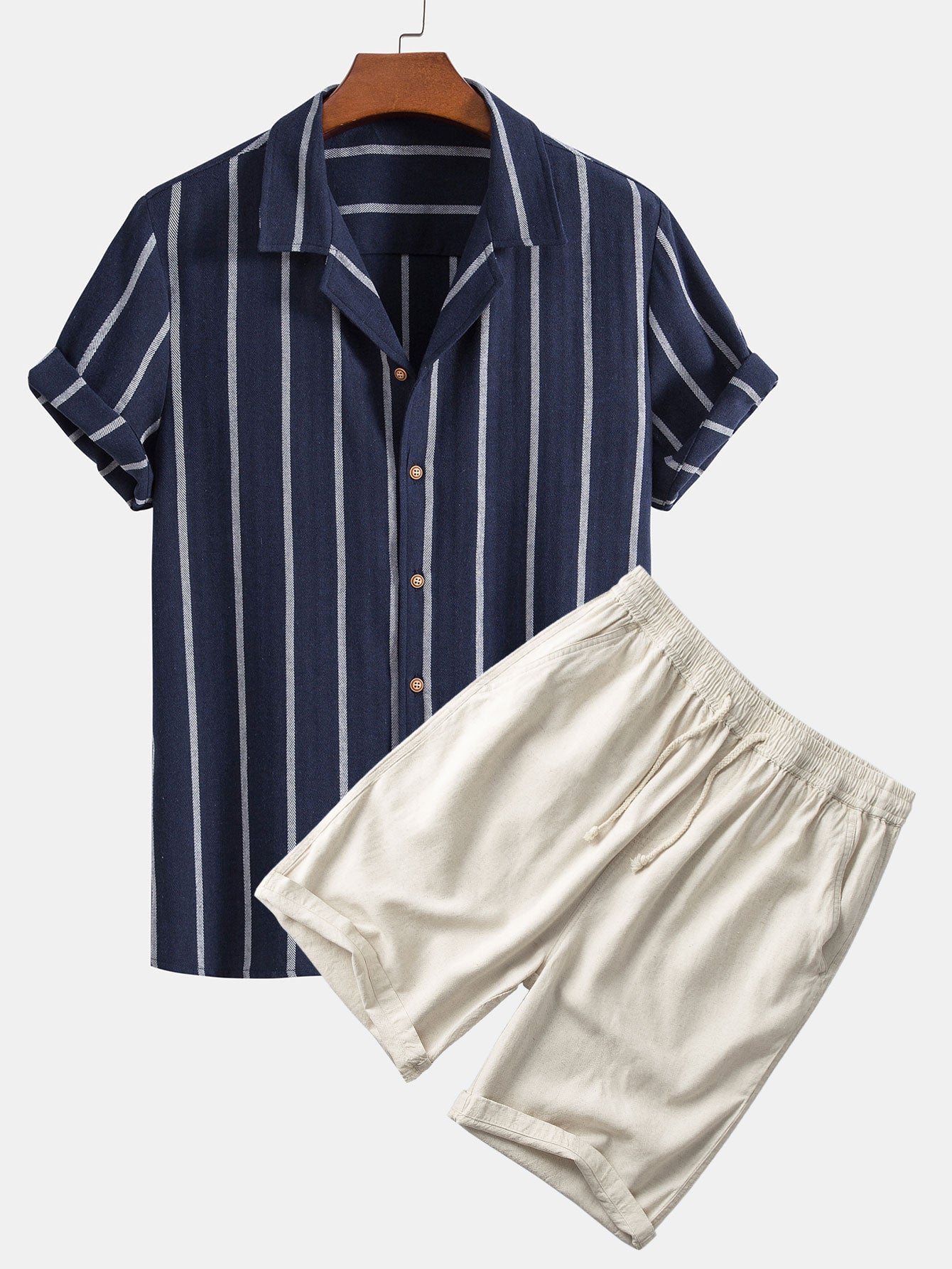 Cotton Blend Striped Cuban Shirt & Linen Cotton Blend 11" Shorts