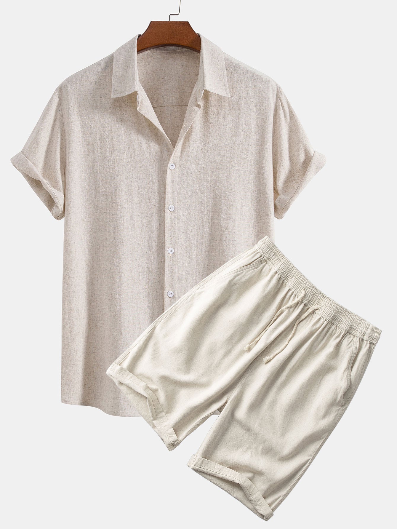 Linen Rayon Blend Button Up Shirt & Linen Cotton Blend 11" Shorts