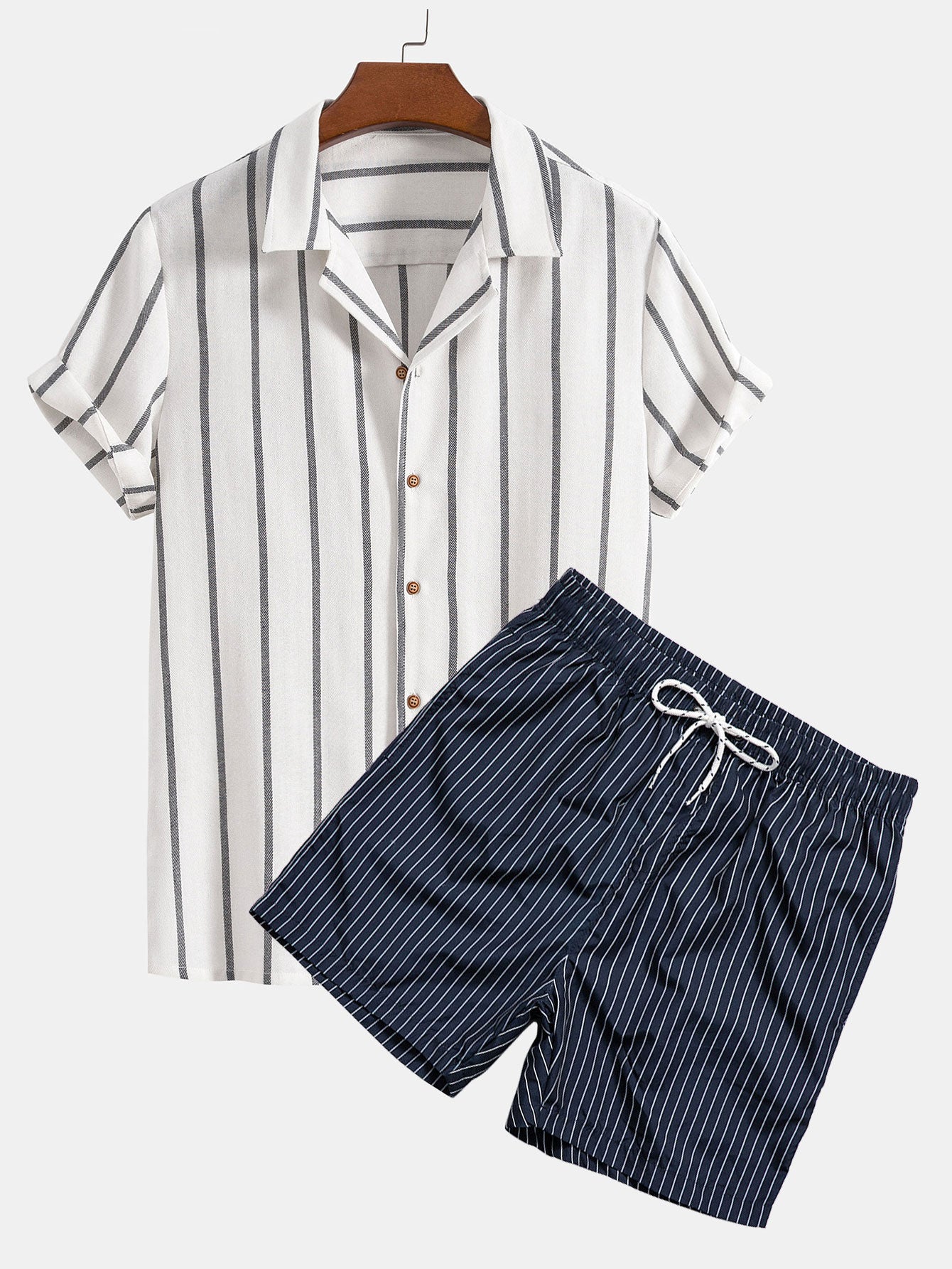 Cotton Blend Striped Cuban Shirt & Striped Print Swim Shorts