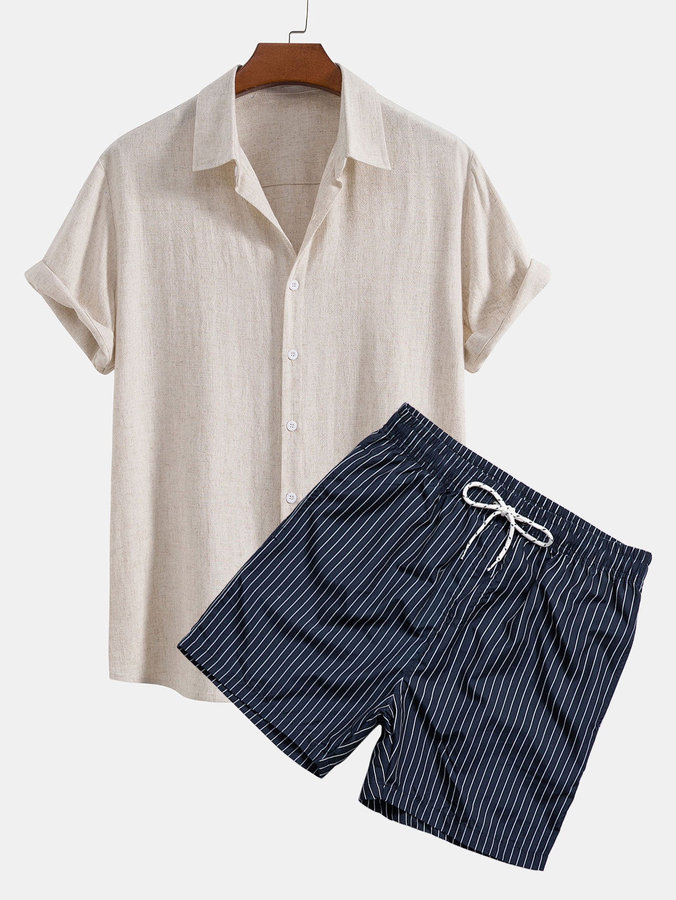 Linen Rayon Blend Button Up Shirt & Striped Print Swim Shorts