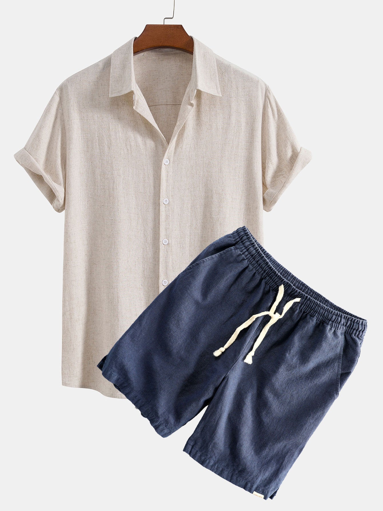 Linen Rayon Blend Button Up Shirt & Linen Cotton Blend Drawstring Shorts
