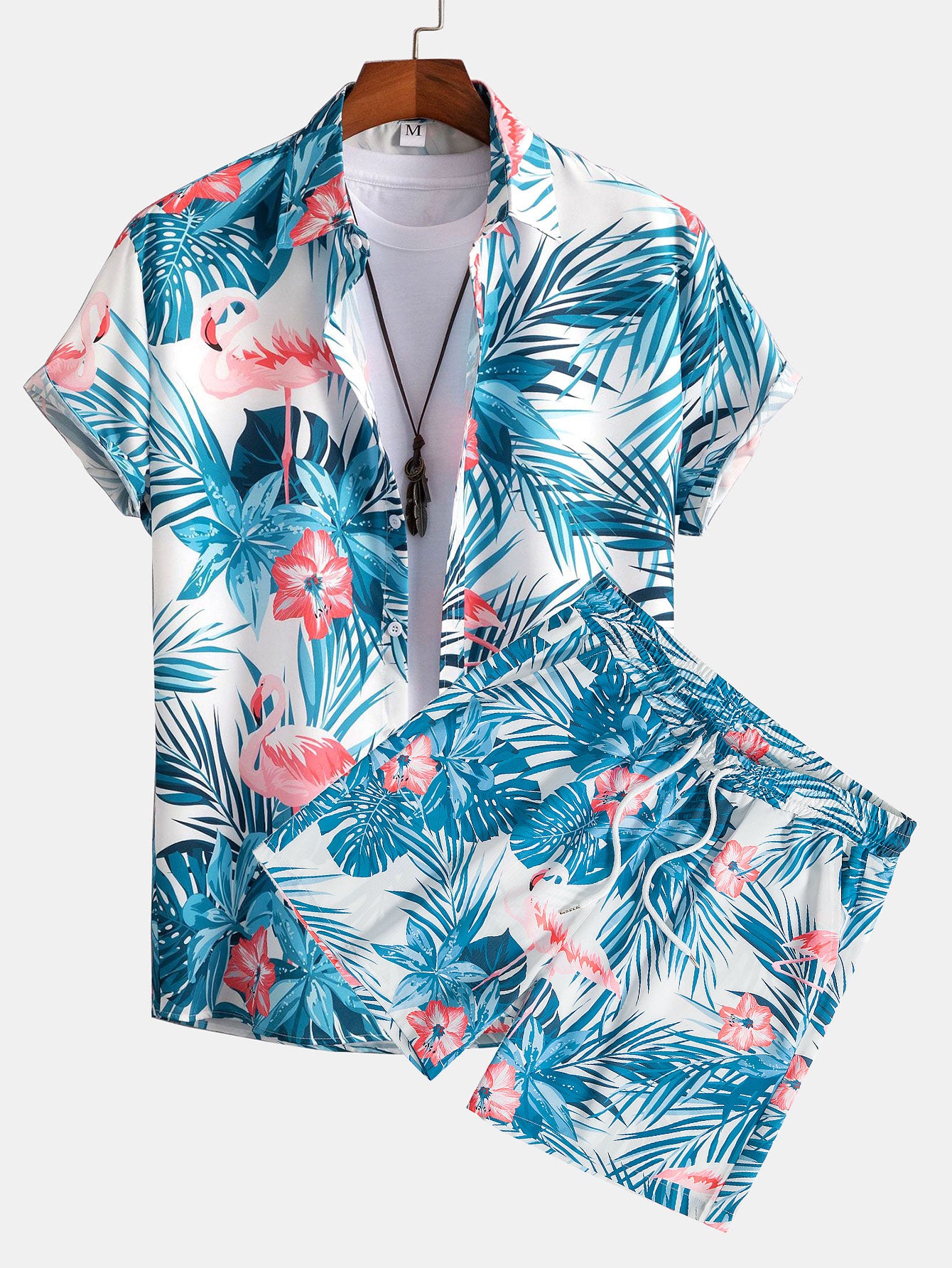 Flamingo Tropical Print Button Up Shirt & Shorts
