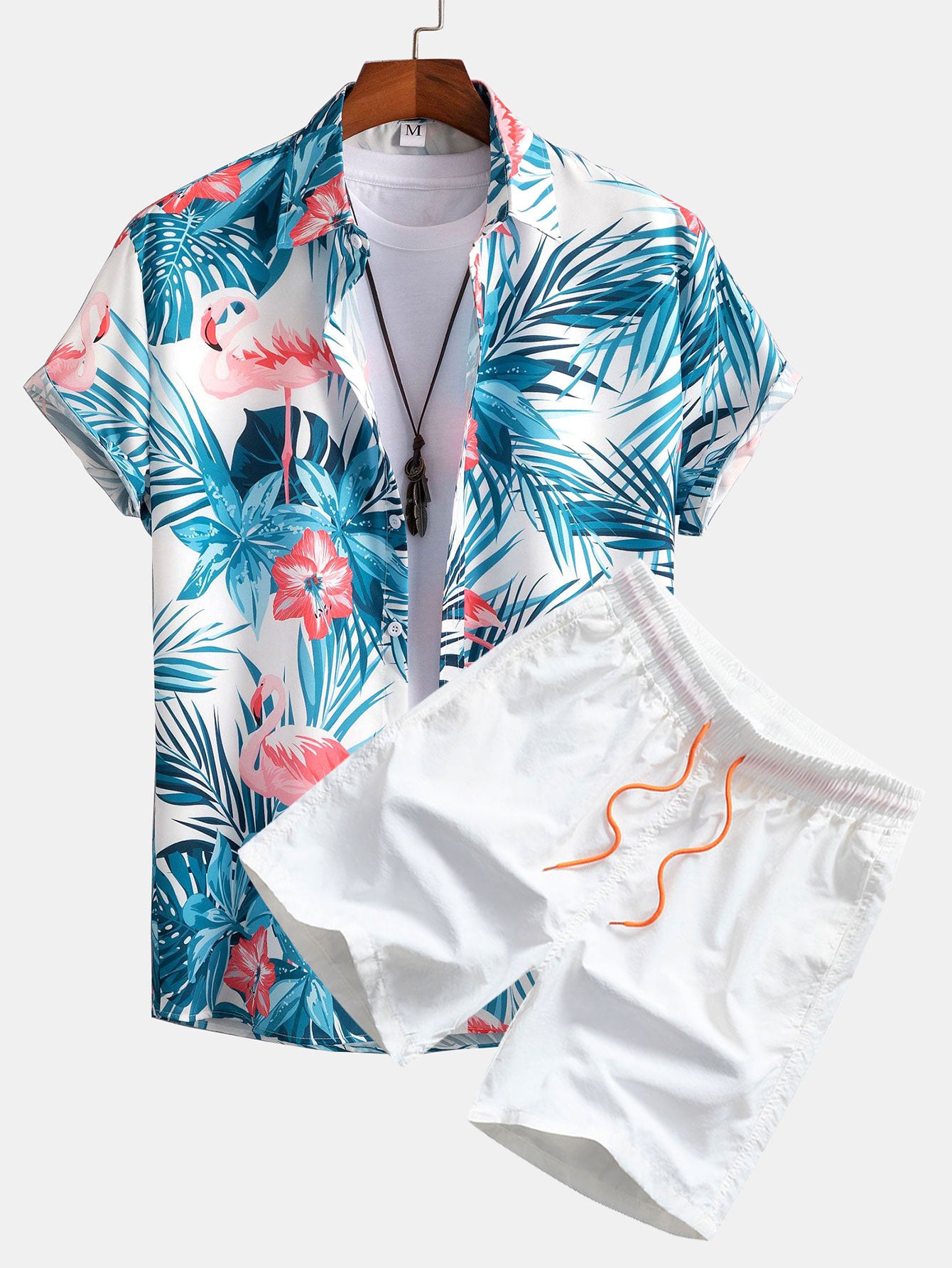 Flamingo Tropical Print Button Up Shirt & Swim Shorts