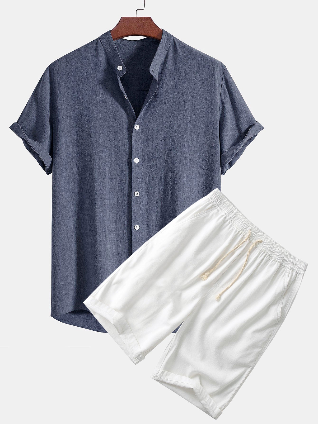 Linen And Rayon Blend Stand Collar Shirt & Linen Cotton Blend 11" Shor