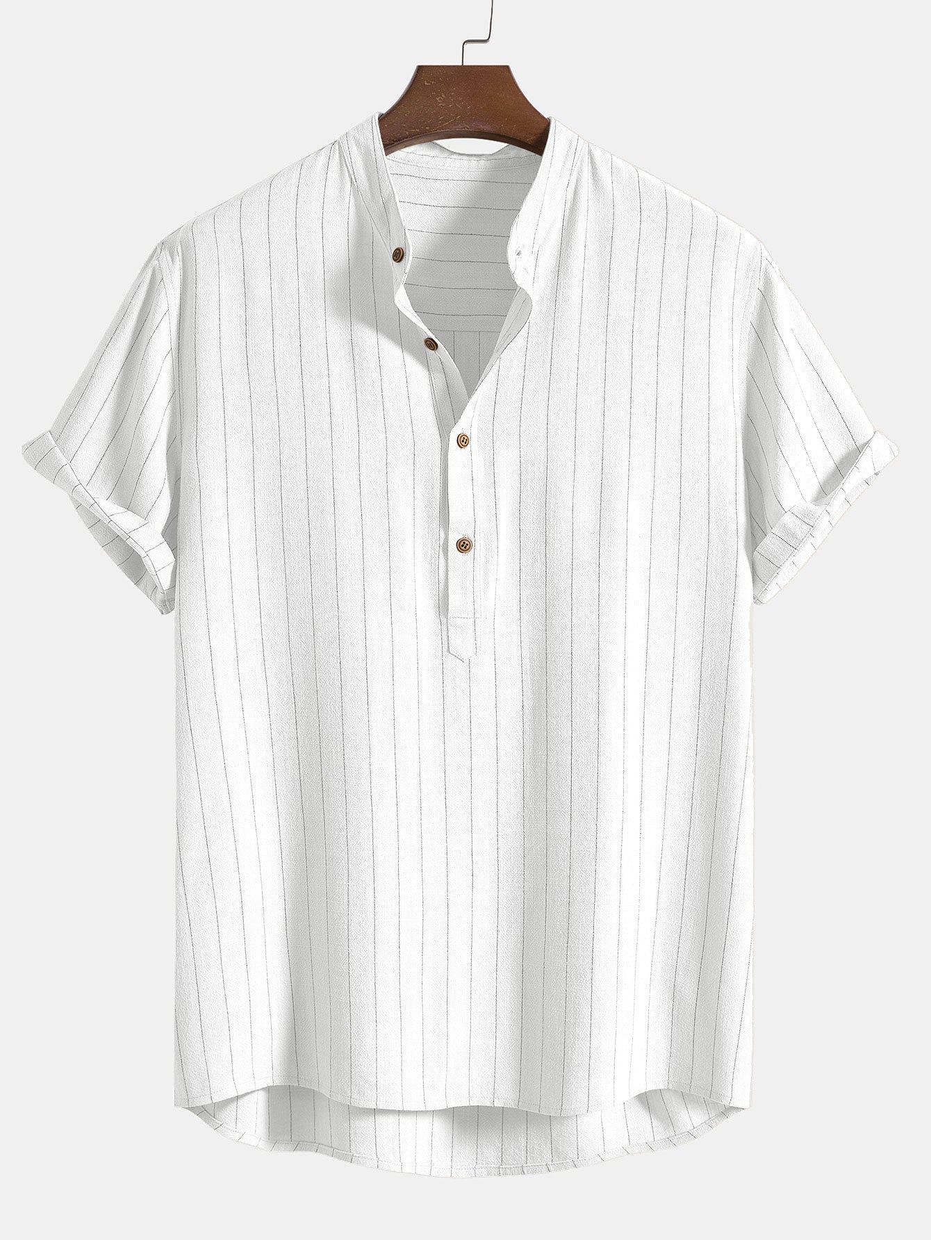 Linen Blend Striped Half Open Placket Henley Collar Shirt