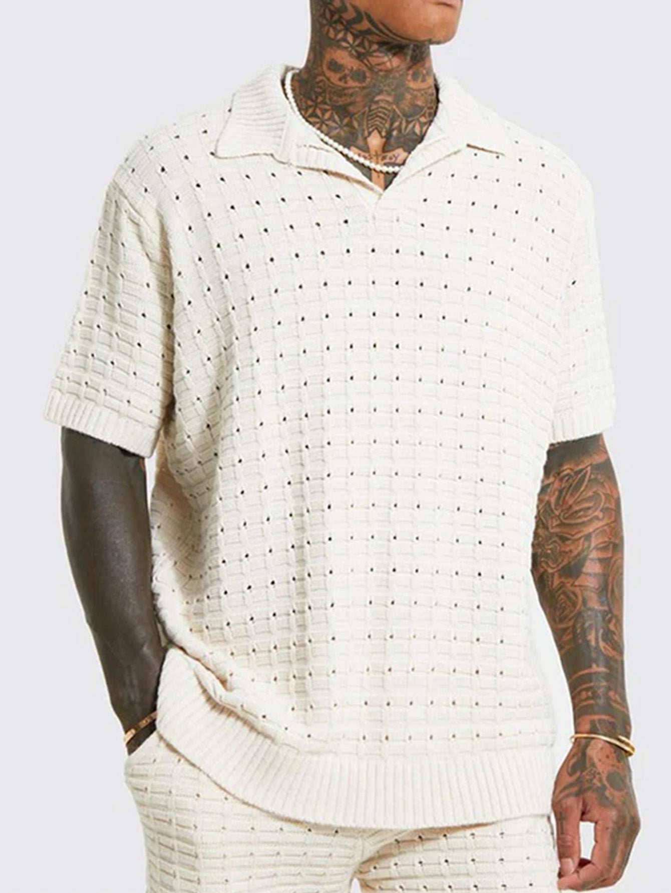 Men Knitted Sweater Polo Short Sleeve Textured Openwork Shirt