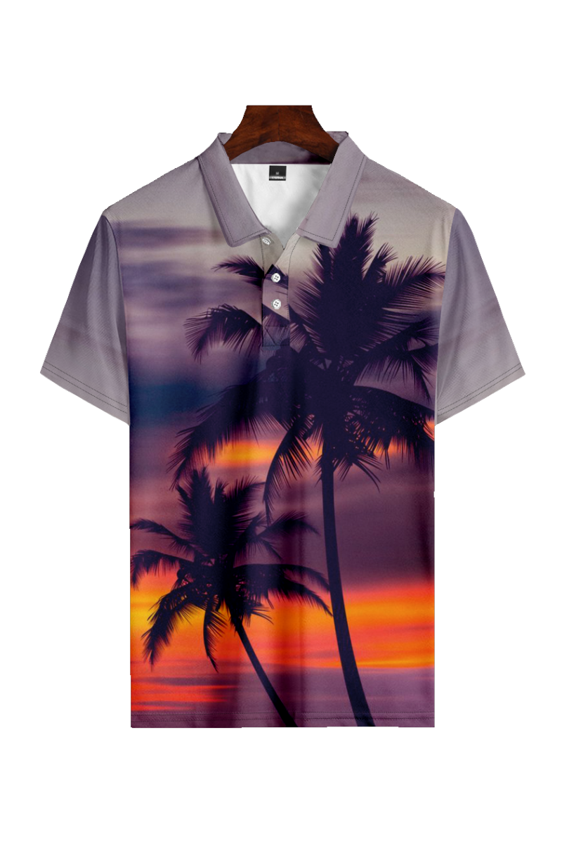 Tydres Men's Sunset Coconut Tree Polo Short Sleeve Hawaiian Polo-Tydres