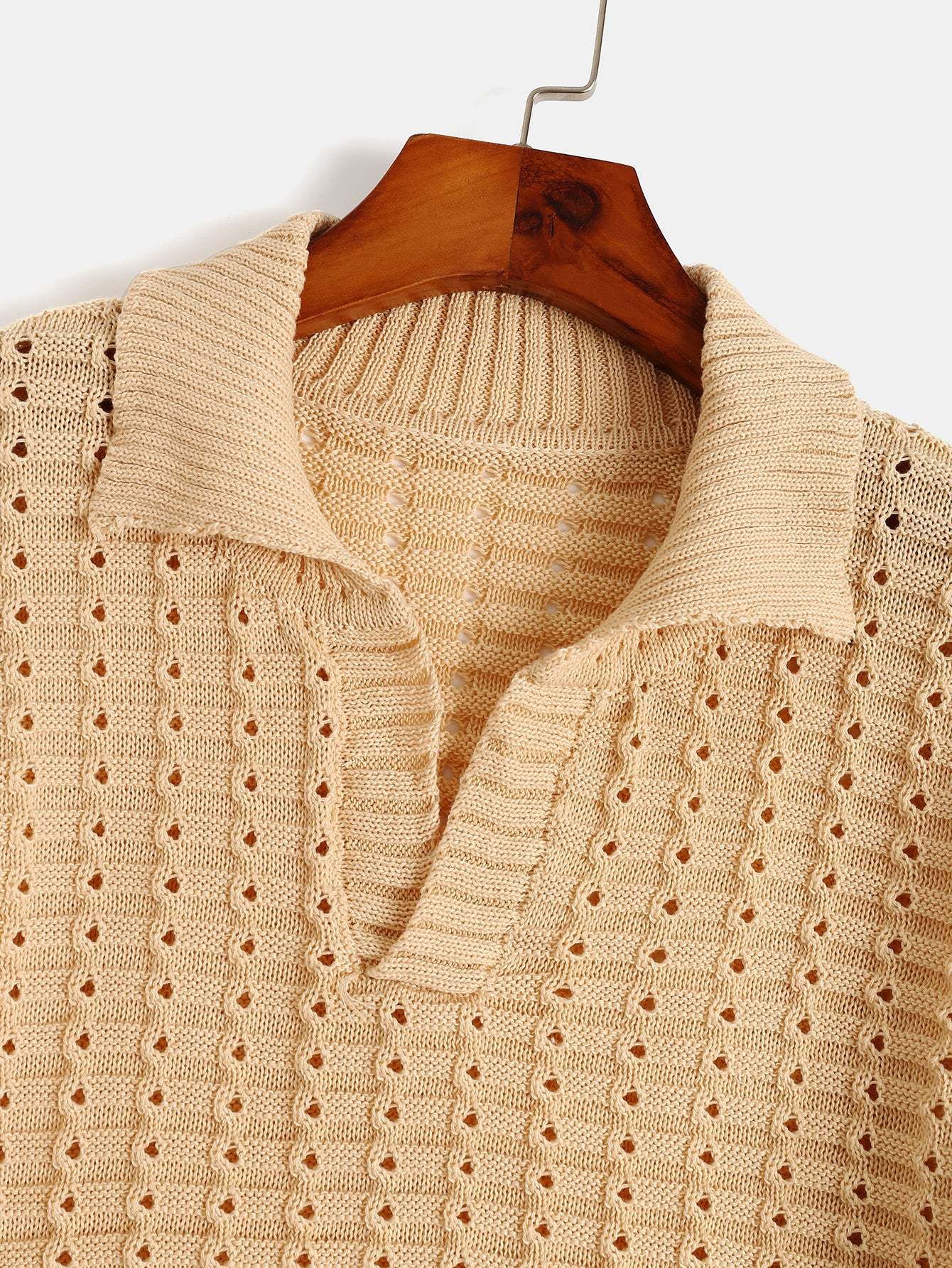 Men Knitted Sweater Polo Short Sleeve Textured Openwork Shirt