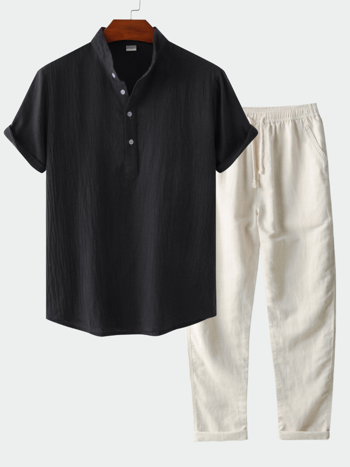 Mens Cotton Linen Standing Collar Casual Short Sleeve Shirt & Straight Leg Linen Pants