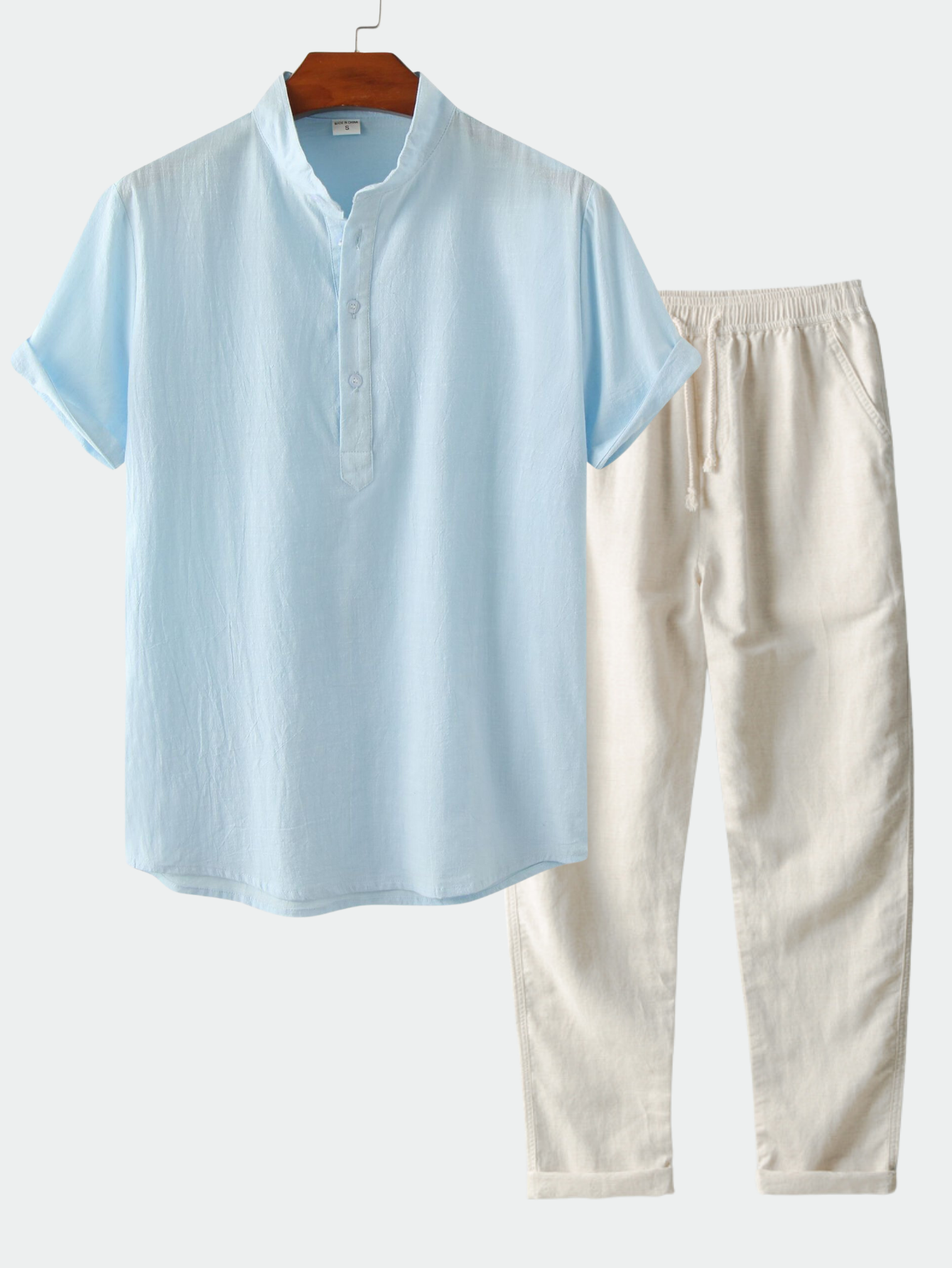 Mens Cotton Linen Standing Collar Casual Short Sleeve Shirt & Straight