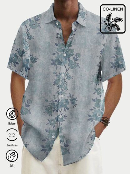 Men's Tropical Floral Print Short Sleeve Cotton Linen Shirt-Tydres