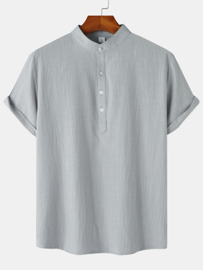 Mens Cotton Linen Standing Collar Casual Short Sleeve Shirt