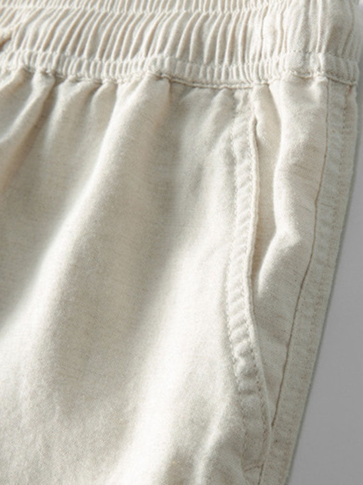 Wrinkled Cotton Half Open Placket Henley Collar Shirt & Straight Leg Linen Pants