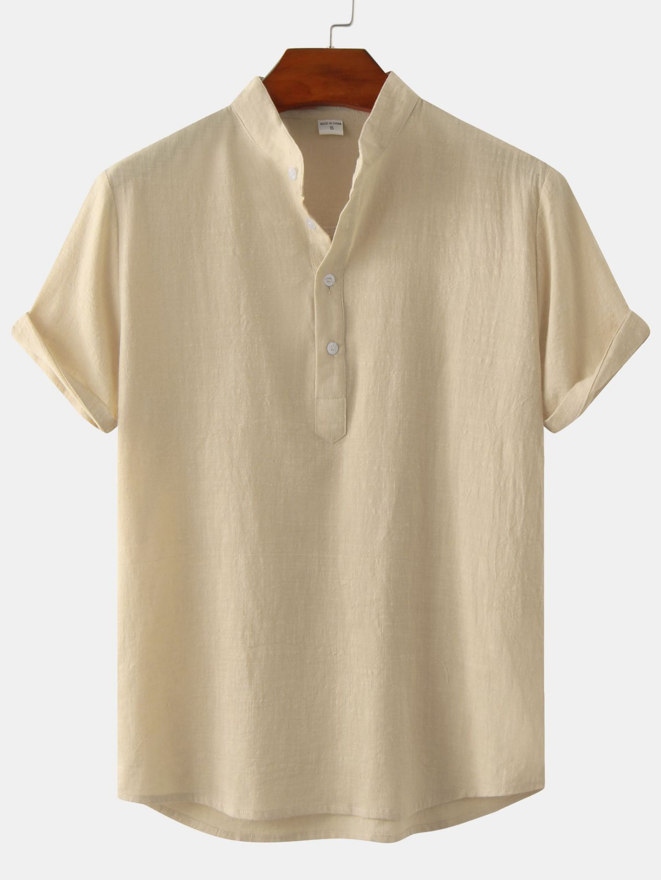 Mens Cotton Linen Standing Collar Casual Short Sleeve Shirt