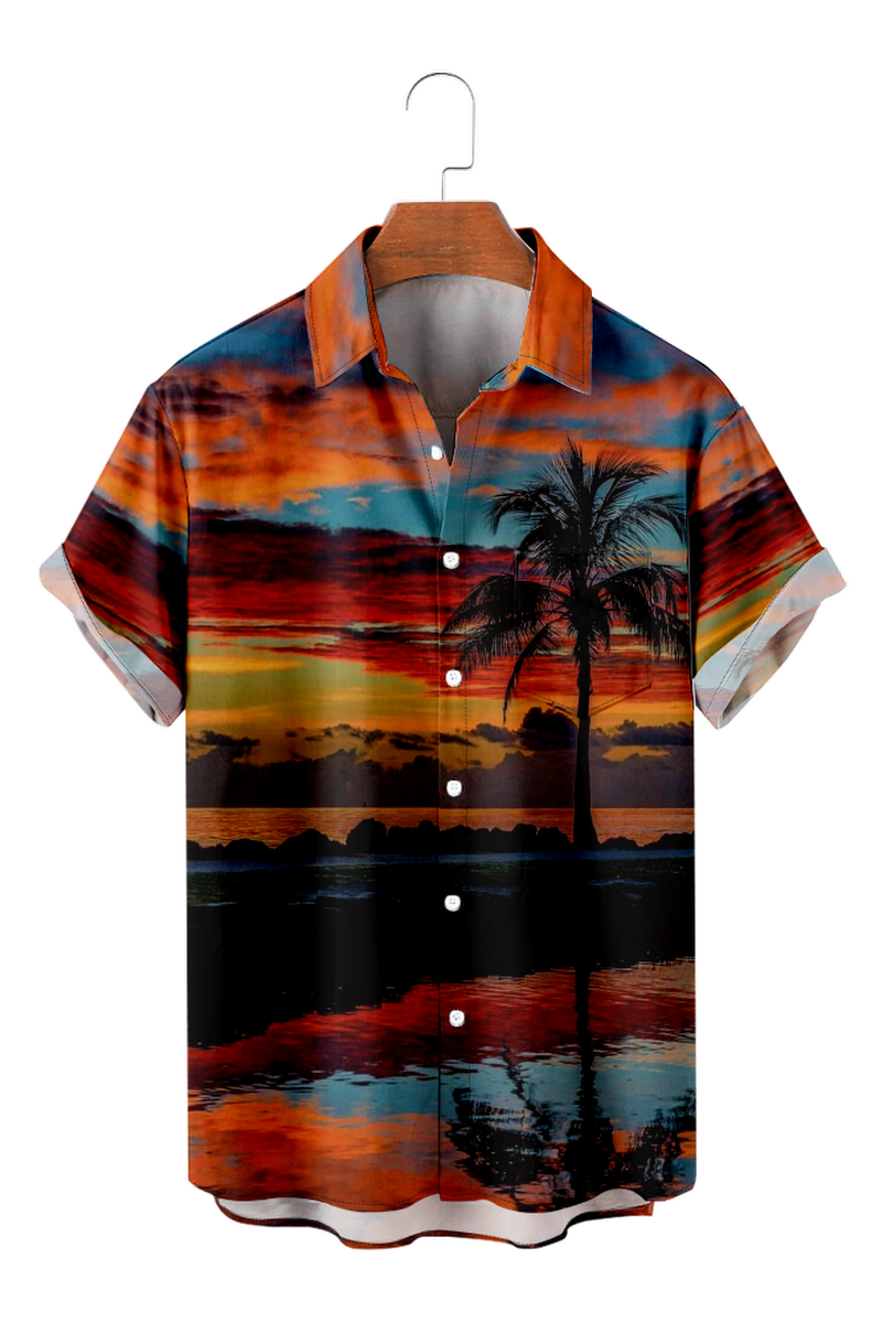 Tydres Men's Sunset Coconut Tree Shirts Short Sleeve Hawaiian Shirts