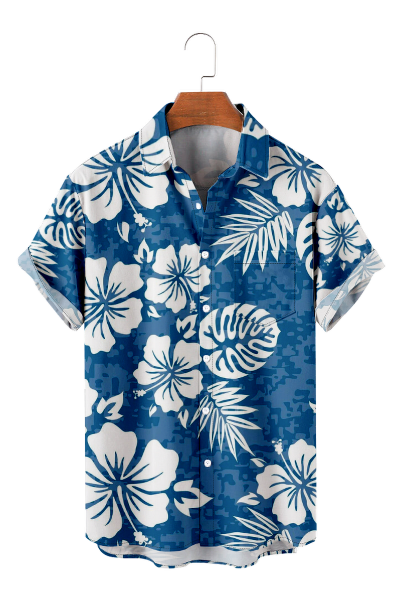Tydres Men's Blue Tropical Flowers Palm Leaves Shirts Short Sleeve Hawaiian Shirts-Tydres