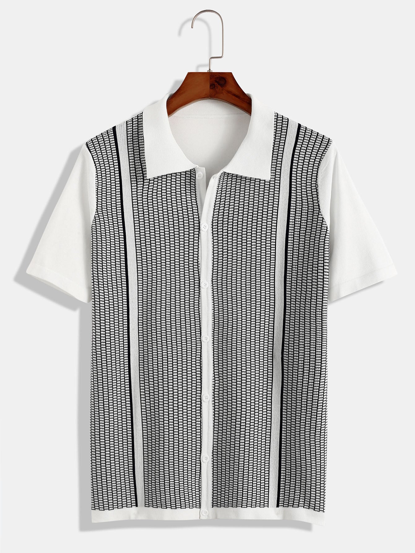 Men Knitted Black and White Striped Short Sleeve Button Up Shirt