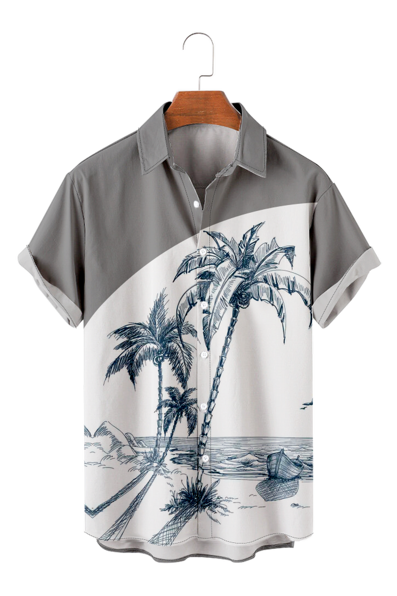 Tydres Men's Grey With White Coconut Tree Shirts Short Sleeve Hawaiian Shirts-Tydres
