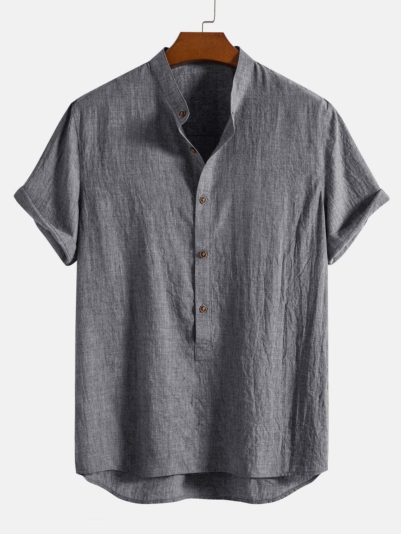 Short Sleeve Half Button Fly Henley Collar Shirt & Linen Cotton Blend 11" Shorts