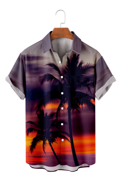 Tydres Men's Sunset Coconut Tree Shirts Short Sleeve Hawaiian Shirts-Tydres