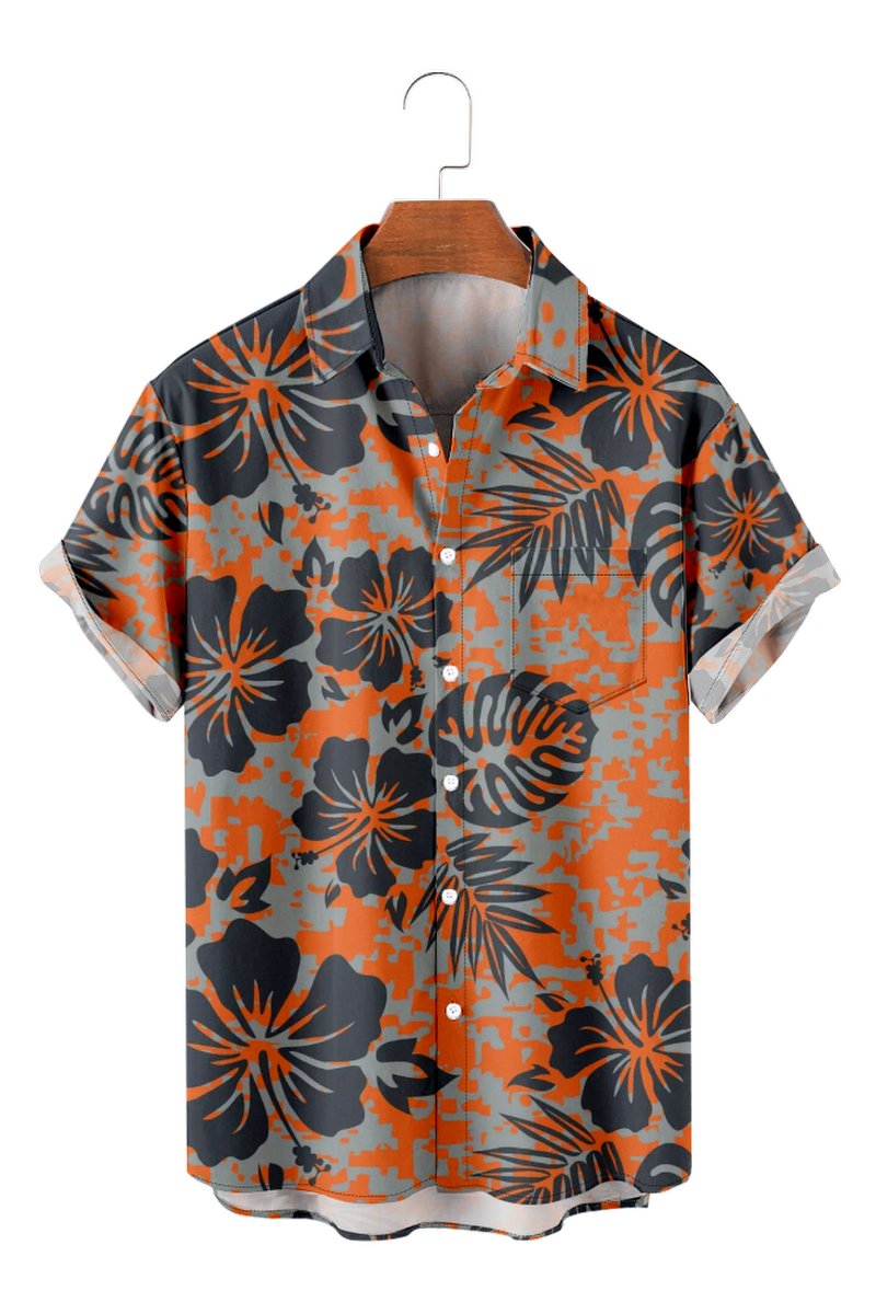 Tydres Men's Orange Tropical Flowers Palm Leaves Shirts Short Sleeve Hawaiian Shirts-Tydres