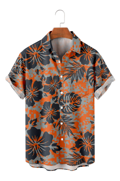 Black Hawaiian Shirt with Orange Hibiscus