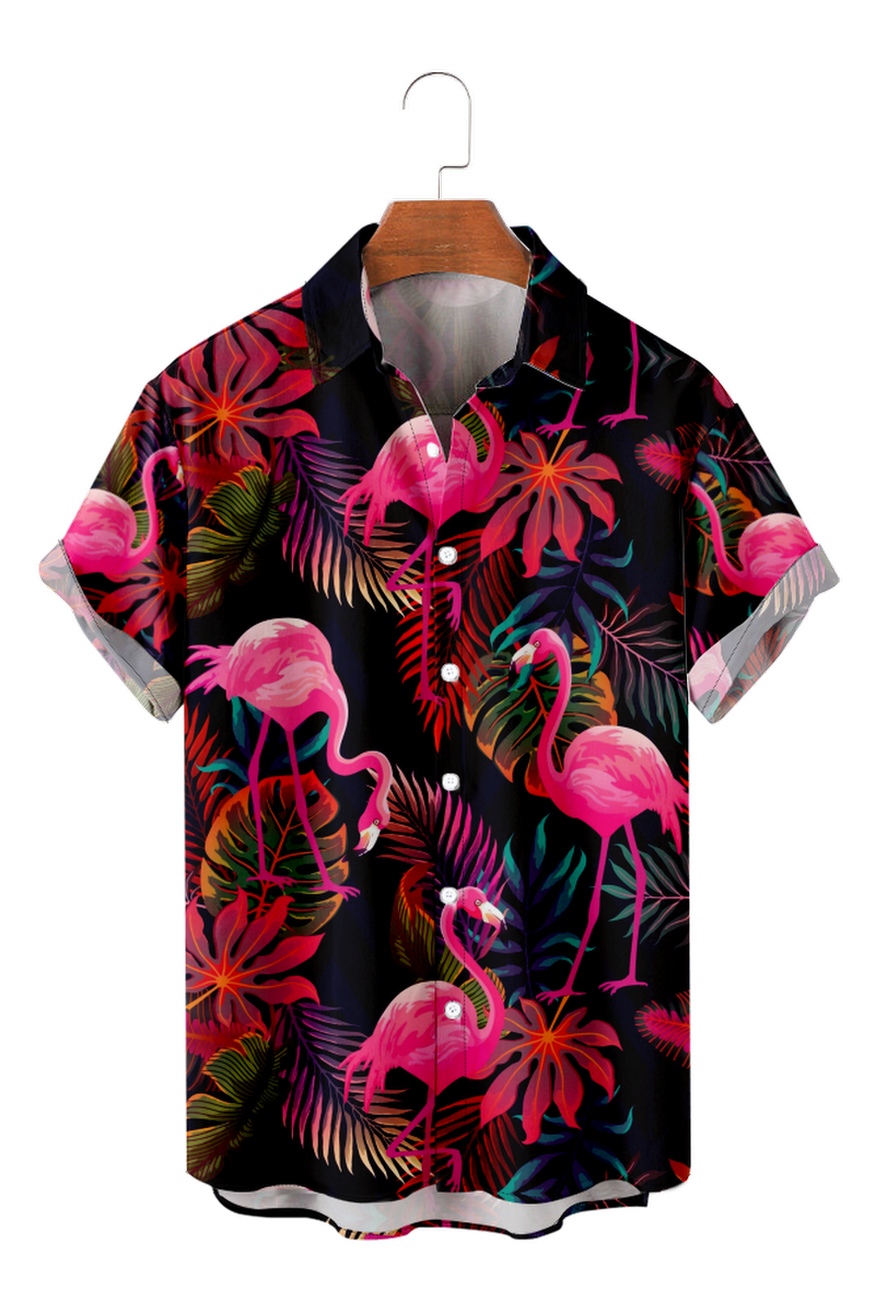 Tydres Men's Monstera Palm Leaves Flamingos Shirts Short Sleeve Hawaiian Shirts-Tydres