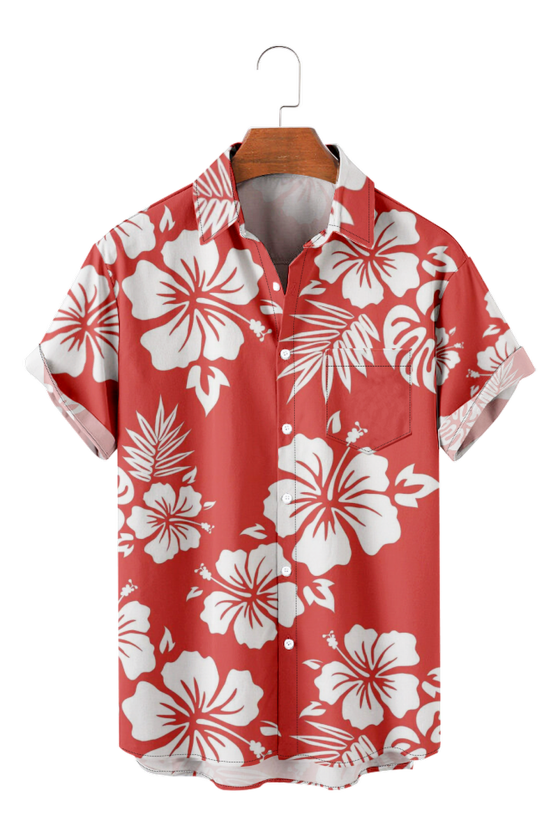Tydres Men's Pink Tropical Flowers Palm Leaves Shirts Short Sleeve Hawaiian Shirts-Tydres