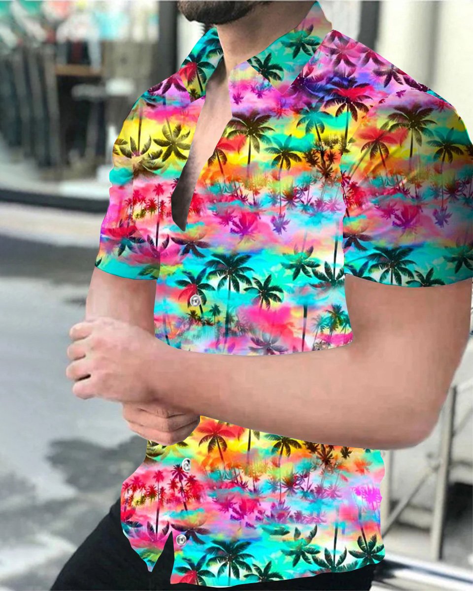 Men's Casual Hawaiian Coconut Tree Print Short Sleeve Shirt