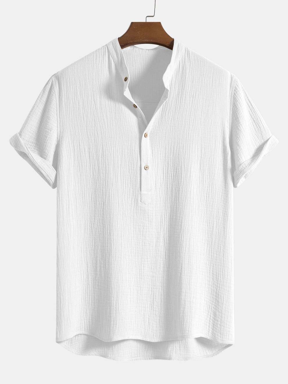 Wrinkled Cotton Half Open Placket Henley Collar Shirt & Straight Leg ...