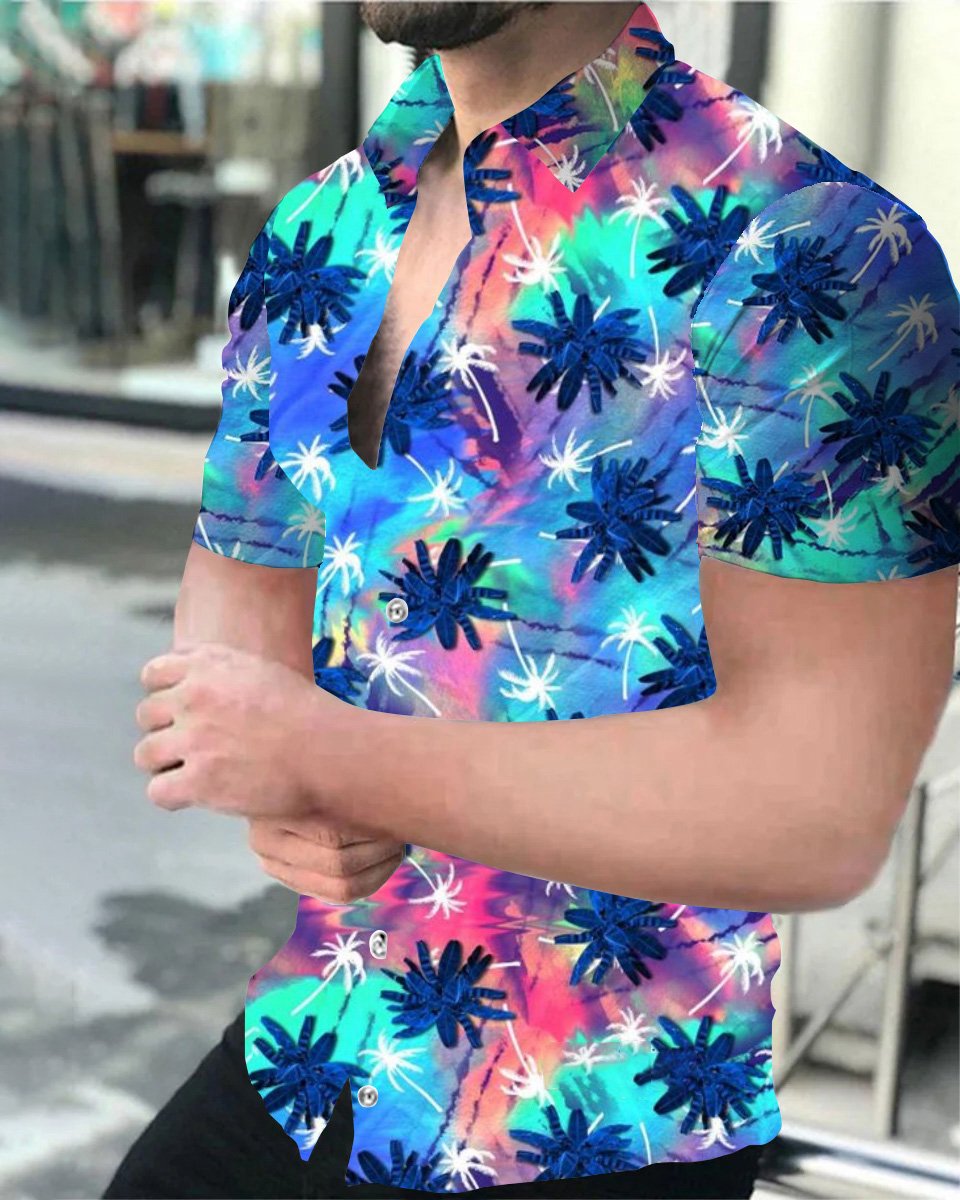 Men's Casual Hawaiian Coconut Tree Print Short Sleeve Shirt