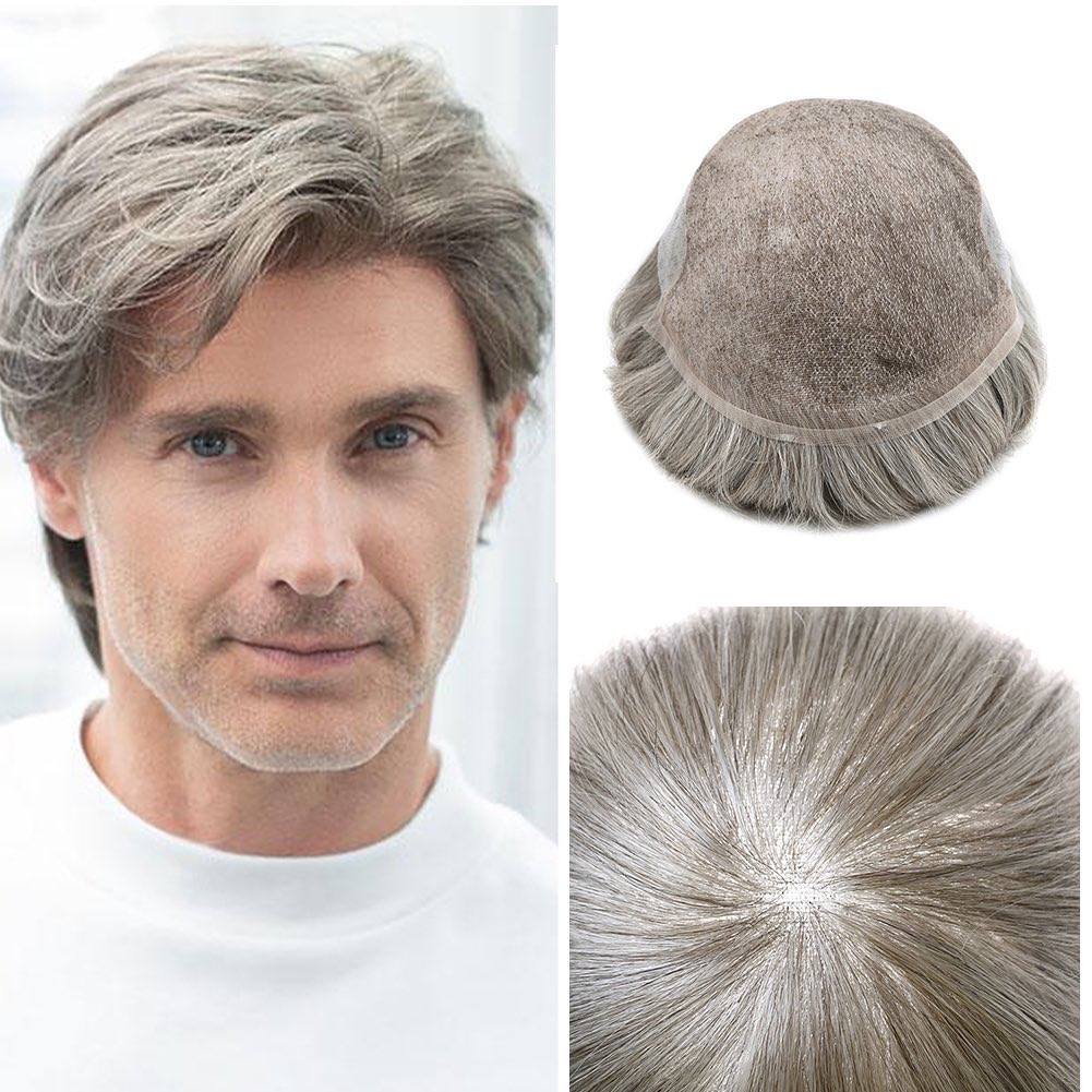Ken Men's Toupee European Human Hair Replacement Wigs Mono Lace with PU Grey Hair