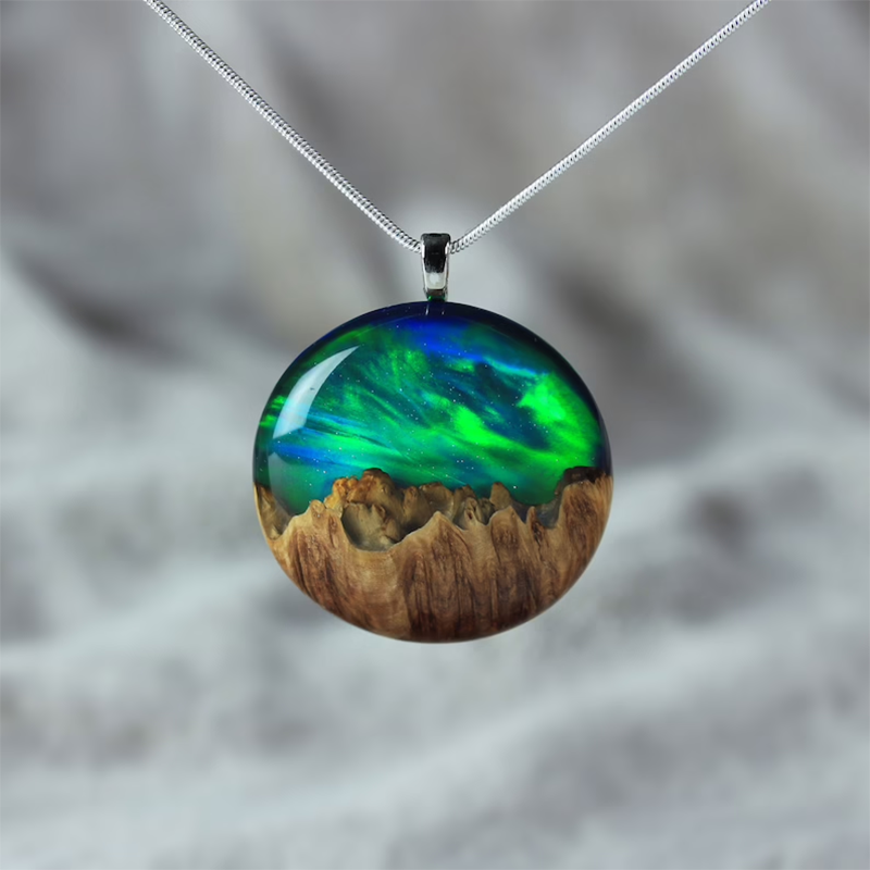 Aurora borealis opal necklace, Wood and resin 5th anniversary necklace