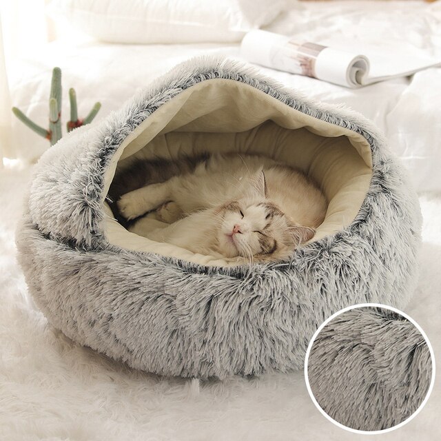 Winter Long Plush Pet Cat Bed Round Home Cushion Warm Luxury Cat Basket