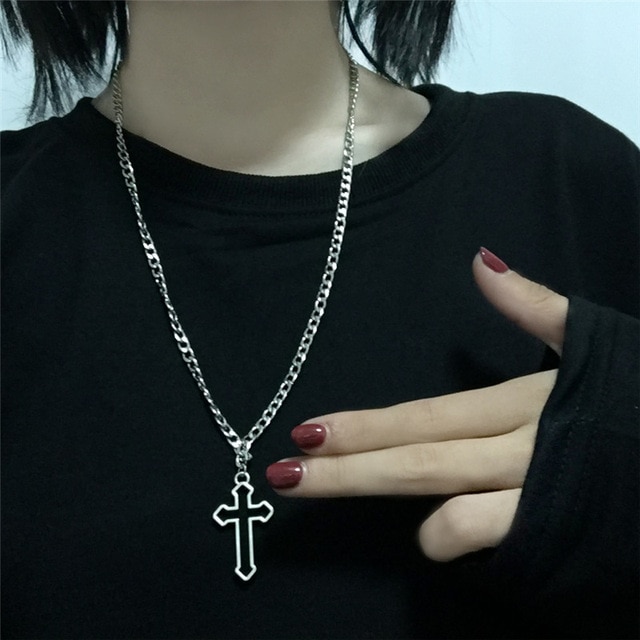 Vintage Gothic Hollow Cross Pendant Necklace Silver Color Cool Street Style Necklace For Men Women