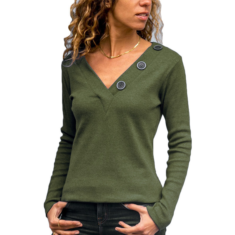 2022 Amazon Ebay wish Europe and America Autumn V-neck button decoration solid casual long sleeve women's T-shirt
