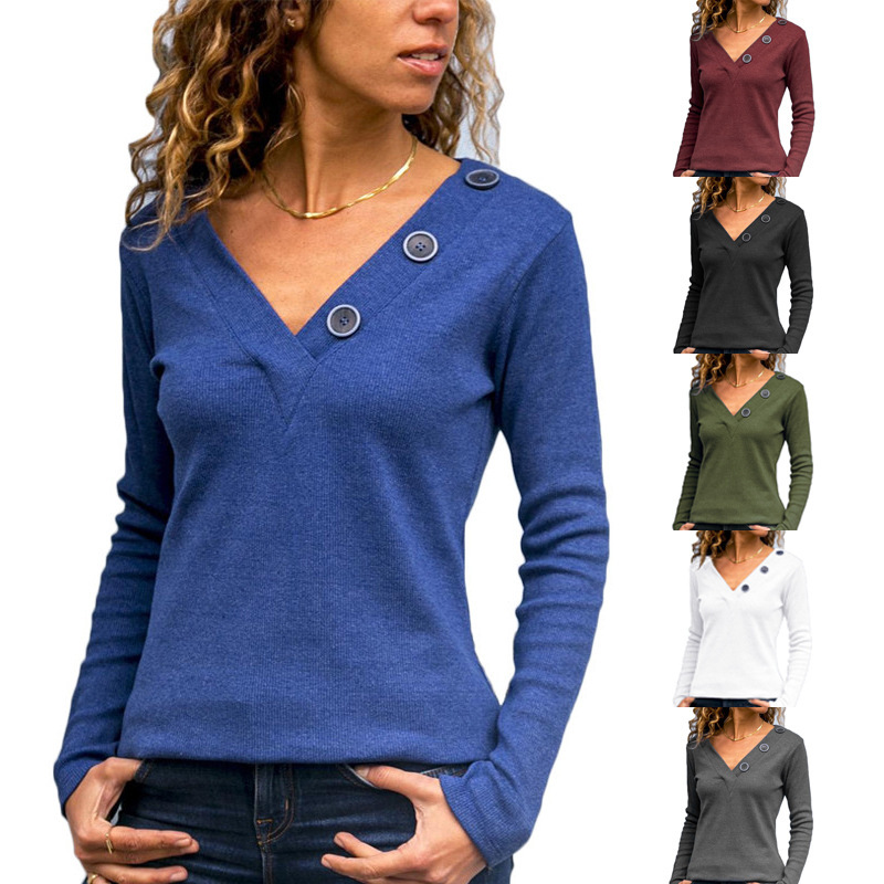 2022 Amazon Ebay wish Europe and America Autumn V-neck button decoration solid casual long sleeve women's T-shirt