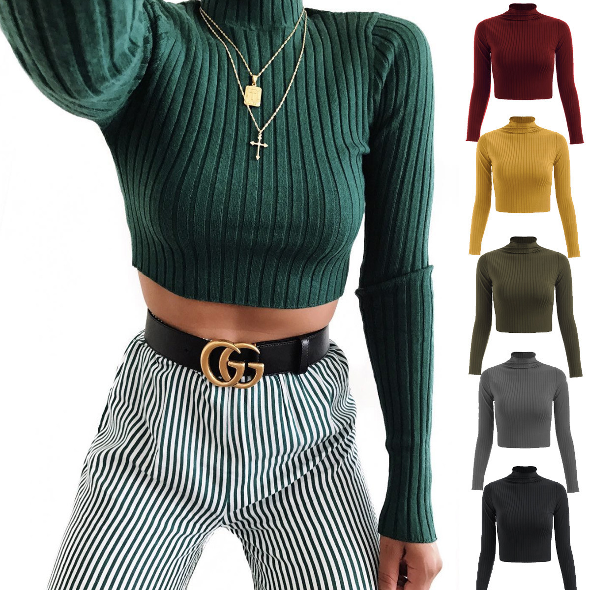 Best! 2020 cross-border autumn and winter half high collar solid color long sleeved knitted T-shirt Europe and America slim fitting women's open navel top